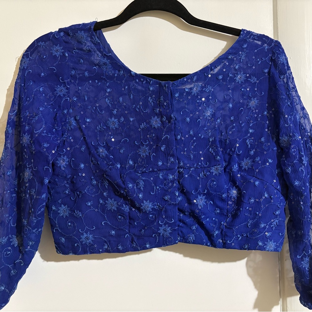 Elegant Sapphire Blue Cropped Embroidered Women's Top, Sari/Saree Blouse